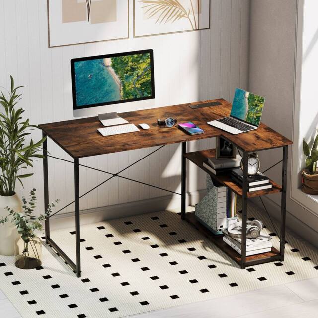 Costway L-shaped Computer Desk w/Power Outlet Workstation w/Reversible Shelves in Brown - image 1