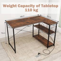 Costway L-shaped Computer Desk w/Power Outlet Workstation w/Reversible Shelves in Brown - thumbnail 3