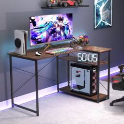 Costway L-shaped Computer Desk w/Power Outlet Workstation w/Reversible Shelves in Brown - thumbnail 9