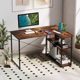Costway L-shaped Computer Desk w/Power Outlet Workstation w/Reversible Shelves in Brown - thumbnail 1
