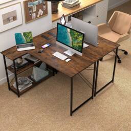 Costway L-shaped Computer Desk w/Power Outlet Workstation w/Reversible Shelves in Brown - thumbnail 7