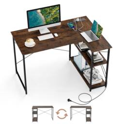 Costway L-shaped Computer Desk w/Power Outlet Workstation w/Reversible Shelves in Brown - thumbnail 2