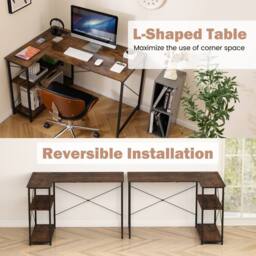 Costway L-shaped Computer Desk w/Power Outlet Workstation w/Reversible Shelves in Brown - thumbnail 6