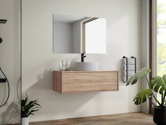Vente-unique Light Natural Wall-Hung Bathroom Unit With Single Round Basin - 94 Cm in Light Oak - image 1