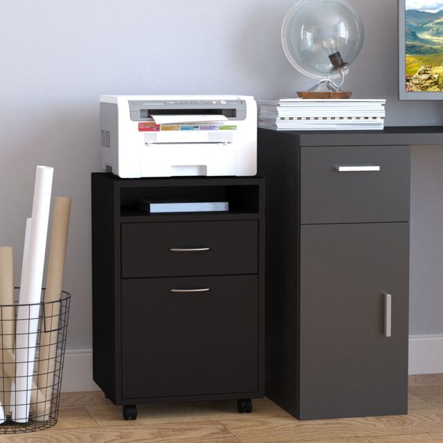 HOMCOM 60cm Storage Cabinet w/ Drawer Open Shelf Metal Handles 4 Wheels in Black - image 1