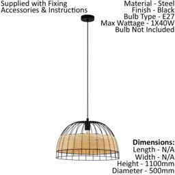 Loops Hanging Ceiling Pendant Light Black & Wicker 1x 40W E27 Hallway Feature Lamp - thumbnail 2