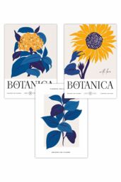 ARTZE Set of 3 Bright Blue Flower Market & Yellow Sunflower Art Posters - Size: W50 cm x H70 cm - thumbnail 1