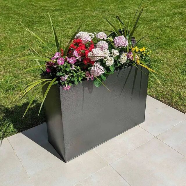 Woven Wood 90cm Long Zinc Silver & Black Textured 60cm Tall Trough Planter - image 1