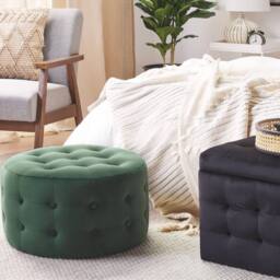 Wyld and Coco Dark Green Velvet Round Pouffe - Button-Tufted - thumbnail 1