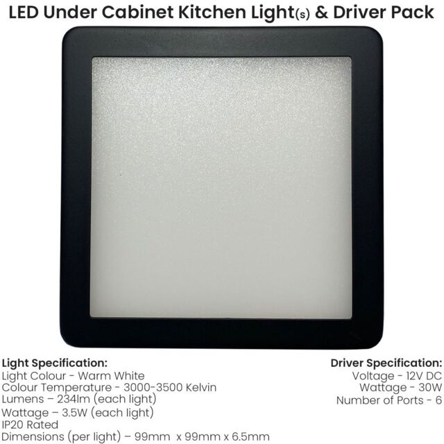 Loops 6x MATT BLACK Ultra-Slim Square Under Cabinet Kitchen Light & Driver Kit - Warm White Diffused LED - image 1