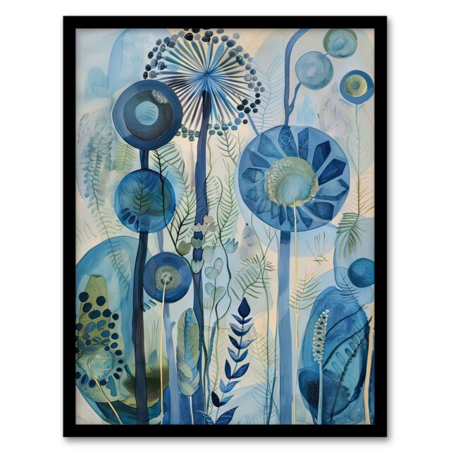 "Artery8 Abstract Blue Wildflowers Watercolour Floral Framed Art Print - Size: W12"" x H16""" - image 1