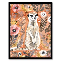 "Artery8 Cute Meerkat with Wildflowers Orange Watercolour Framed Wall Art - Size: W12"" x H16""" - thumbnail 1