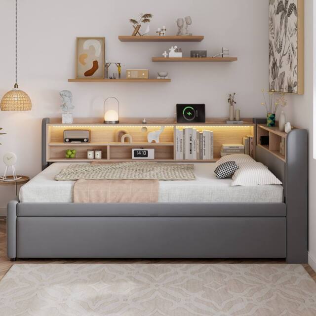 BTM 3FT Velvet Daybed Trundle LED USB Charging Storage Grey - Size: Single - image 1