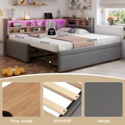 BTM 3FT Velvet Daybed Trundle LED USB Charging Storage Grey - Size: Single - thumbnail 6