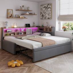 BTM 3FT Velvet Daybed Trundle LED USB Charging Storage Grey - Size: Single - thumbnail 2