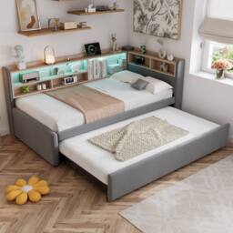 BTM 3FT Velvet Daybed Trundle LED USB Charging Storage Grey - Size: Single - thumbnail 3