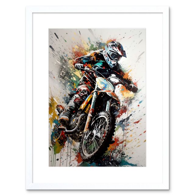 "Artery8 Wall Art Print Motocross Racer Paint Splat Action Shot Portrait Artwork Framed 9X7 Inch in White - Size: W7"" x H9""" - image 1