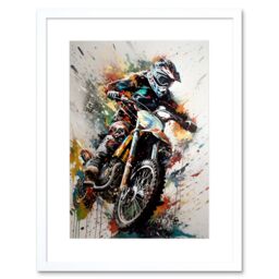 "Artery8 Wall Art Print Motocross Racer Paint Splat Action Shot Portrait Artwork Framed 9X7 Inch in White - Size: W7"" x H9""" - thumbnail 1
