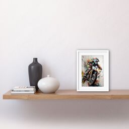 "Artery8 Wall Art Print Motocross Racer Paint Splat Action Shot Portrait Artwork Framed 9X7 Inch in White - Size: W7"" x H9""" - thumbnail 2