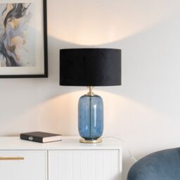 ValueLights Leigh Velvet Drum Shade with Navy Blue Glass & Gold Trim Table Lamp with Bulb in Black - thumbnail 1