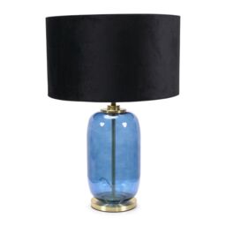 ValueLights Leigh Velvet Drum Shade with Navy Blue Glass & Gold Trim Table Lamp with Bulb in Black - thumbnail 2