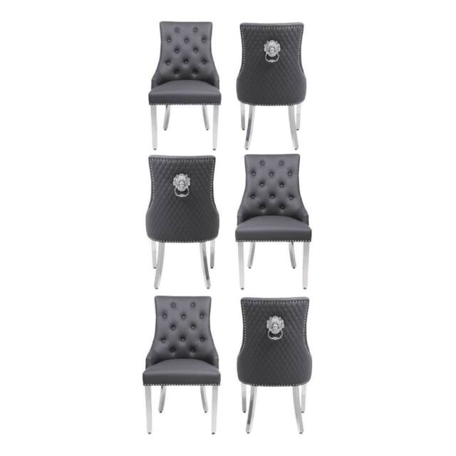 HOME LUXE INTERIOR Set of 6 Majestic Hudson Grey Leather Lion Knocker Dining Chairs - image 1
