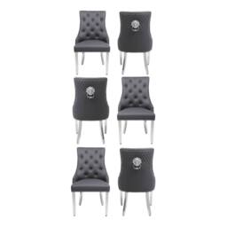 HOME LUXE INTERIOR Set of 6 Majestic Hudson Grey Leather Lion Knocker Dining Chairs
