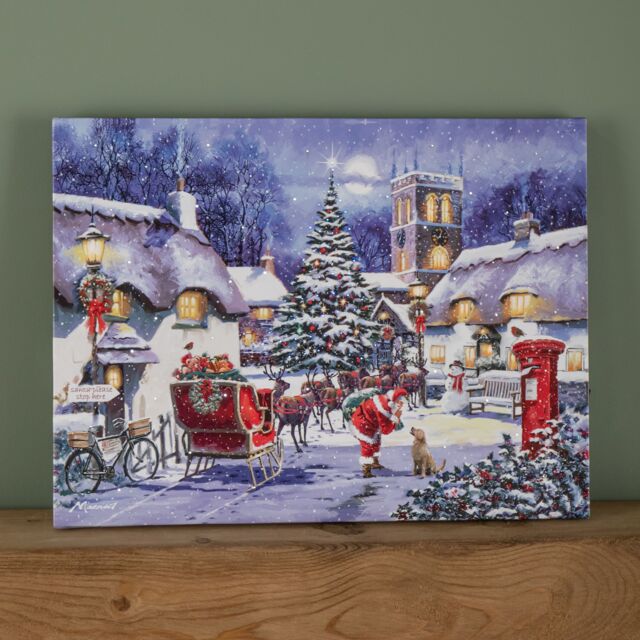 Samuel Alexander 40 x 30cm Battery Operated Light up Fibre Optic Santa & Village Christmas Wall Canvas - Size: 40 x 30 cm - image 1