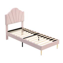 Merax 3ft Single Velvet Upholstered Bed with Shell Headboard in Pink - thumbnail 9