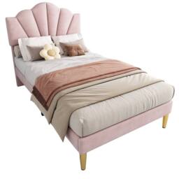 Merax 3ft Single Velvet Upholstered Bed with Shell Headboard in Pink - thumbnail 7