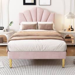 Merax 3ft Single Velvet Upholstered Bed with Shell Headboard in Pink - thumbnail 6