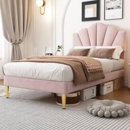 Merax 3ft Single Velvet Upholstered Bed with Shell Headboard in Pink - thumbnail 4