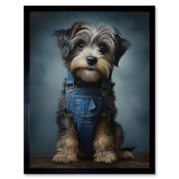 "Artery8 Wall Art Print Adorable Snorkie Dog in Blue Jean Dungarees Realistic Artwork Fun Pet Portrait Art Framed in Black - Size: W12"" x H16""" - thumbnail 1