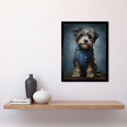 "Artery8 Wall Art Print Adorable Snorkie Dog in Blue Jean Dungarees Realistic Artwork Fun Pet Portrait Art Framed in Black - Size: W12"" x H16""" - thumbnail 2