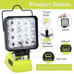 "Nordara LED Work Light for Ryobi 18V Battery, 4"" 2 Brightness Modes USB-C & A in Yellow" - thumbnail 4