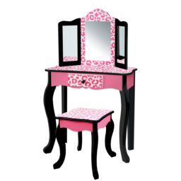 Teamson Kids Kids Wooden Play Vanity Table Set, Leopard Print, Pink/Black in Black - thumbnail 1