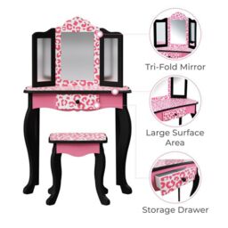 Teamson Kids Kids Wooden Play Vanity Table Set, Leopard Print, Pink/Black in Black - thumbnail 5