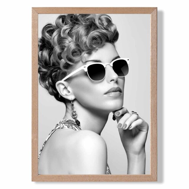 ARTZE Girl with Sunglasses Fashion Black & White Photo Framed Print SIZE: A3 with Oak Frame - Size: A4 - image 1