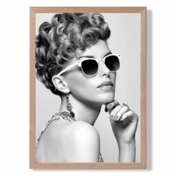 ARTZE Girl with Sunglasses Fashion Black & White Photo Framed Print SIZE: A3 with Oak Frame - Size: A4