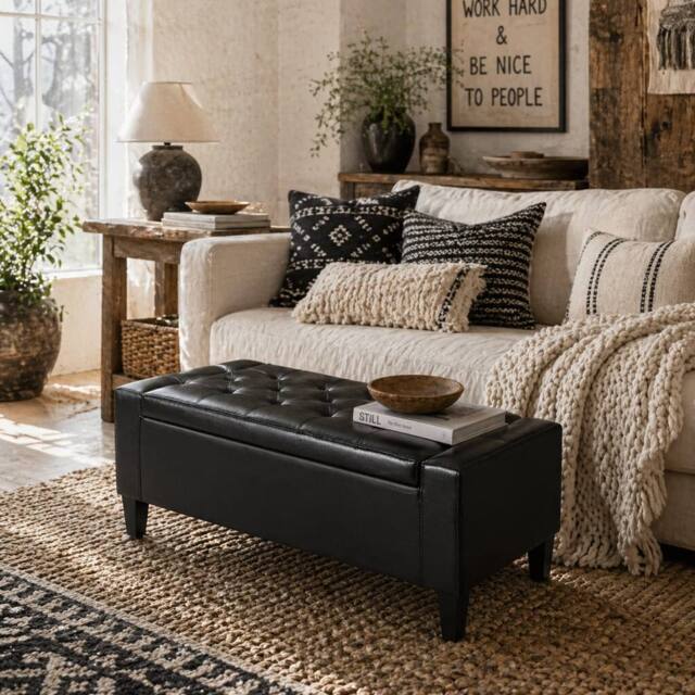 Wyld Haus Sabata Black Faux Leather Storage Ottoman Bench Diamond Tufted Lift Up - image 1