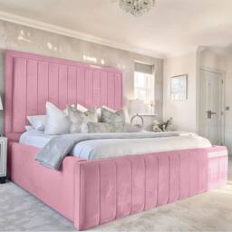 Living Comfort Bedz Geneva Upholstered Bed Frame with 54-inch Headboard - Slatted Base in Pink - Size: Super King - thumbnail 2