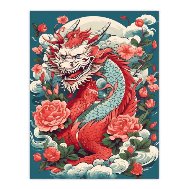 "Artery8 Wall Art Print Fantasy Horned Dragon Flowers Clouds Scales 2024 China Year Of The Dragon Poster in Red - Size: W24"" x H32""" - image 1