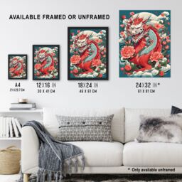 "Artery8 Wall Art Print Fantasy Horned Dragon Flowers Clouds Scales 2024 China Year Of The Dragon Poster in Red - Size: W24"" x H32""" - thumbnail 3