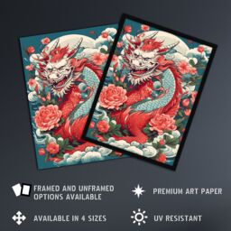 "Artery8 Wall Art Print Fantasy Horned Dragon Flowers Clouds Scales 2024 China Year Of The Dragon Poster in Red - Size: W24"" x H32""" - thumbnail 2