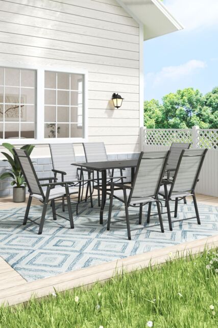 H&O Direct 7Pcs Metal Slatted Outdoor Garden Coffee Table Set in Black