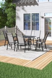 H&O Direct 7Pcs Metal Slatted Outdoor Garden Coffee Table Set in Black - thumbnail 2