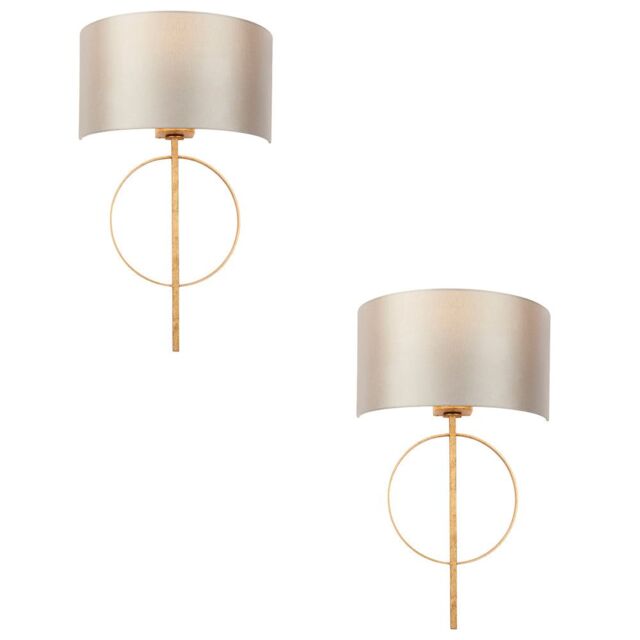 Loops 2 PACK Antique Gold Leaf Wall Light & Mink Satin Shade Dimmable Filament Lamp - image 1