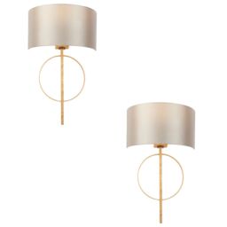 Loops 2 PACK Antique Gold Leaf Wall Light & Mink Satin Shade Dimmable Filament Lamp - thumbnail 1