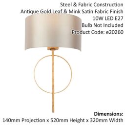 Loops 2 PACK Antique Gold Leaf Wall Light & Mink Satin Shade Dimmable Filament Lamp - thumbnail 2
