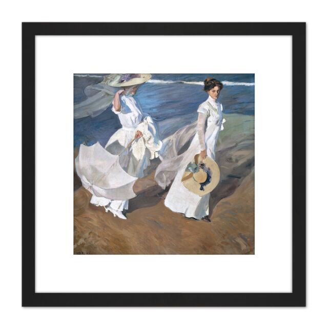Artery8 Joaquin Sorolla Y Bastida Strolling Along The Seashore 8X8 Inch Square Wooden Framed Wall Art Print Picture with Mount in Black - image 1